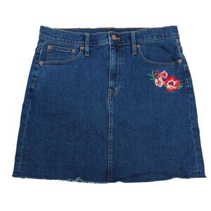 J Crew Mercantile Denim Mini Skirt Floral Embroidered Size 10 Stretch Raw Hem